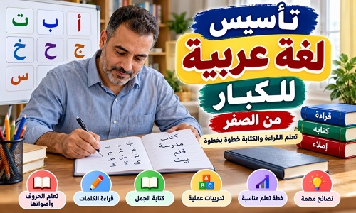 تأسيس لغة عربية للكبار من الصفر وتعلم القراءة والكتابة خطوة بخطوة